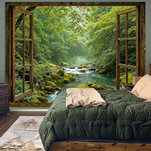 Accnicc Window Forest Tapestry Green Nature Jungle Wall Tapestry for Bedroom Aesthetic Rainforest Stream Outdoor Landscape Large Tapestries Wall Hanging for Dorm Living Room Decor 80 x 60 Inch - Image 3