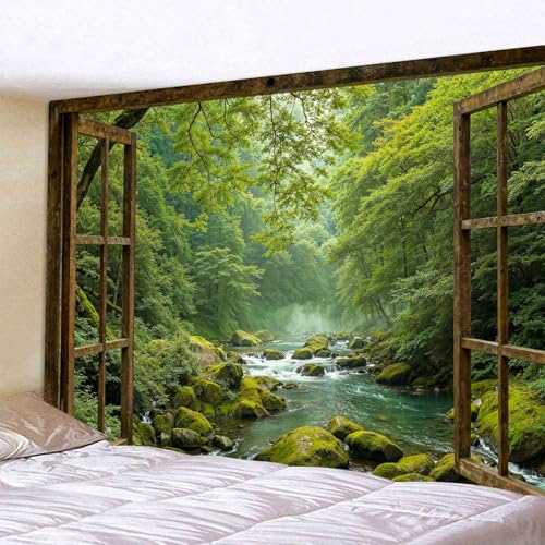 Accnicc Window Forest Tapestry Green Nature Jungle Wall Tapestry for Bedroom Aesthetic Rainforest Stream Outdoor Landscape Large Tapestries Wall Hanging for Dorm Living Room Decor 80 x 60 Inch - Image 5