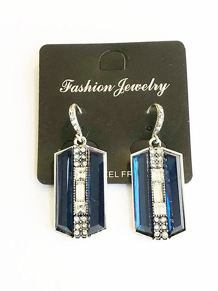 Secret for Longevity Extra Large Silver Tone Art Deco Antique Vintage Style Statement Blue Sapphire Rhinestone Geometric Dangle Earrings - Image 4