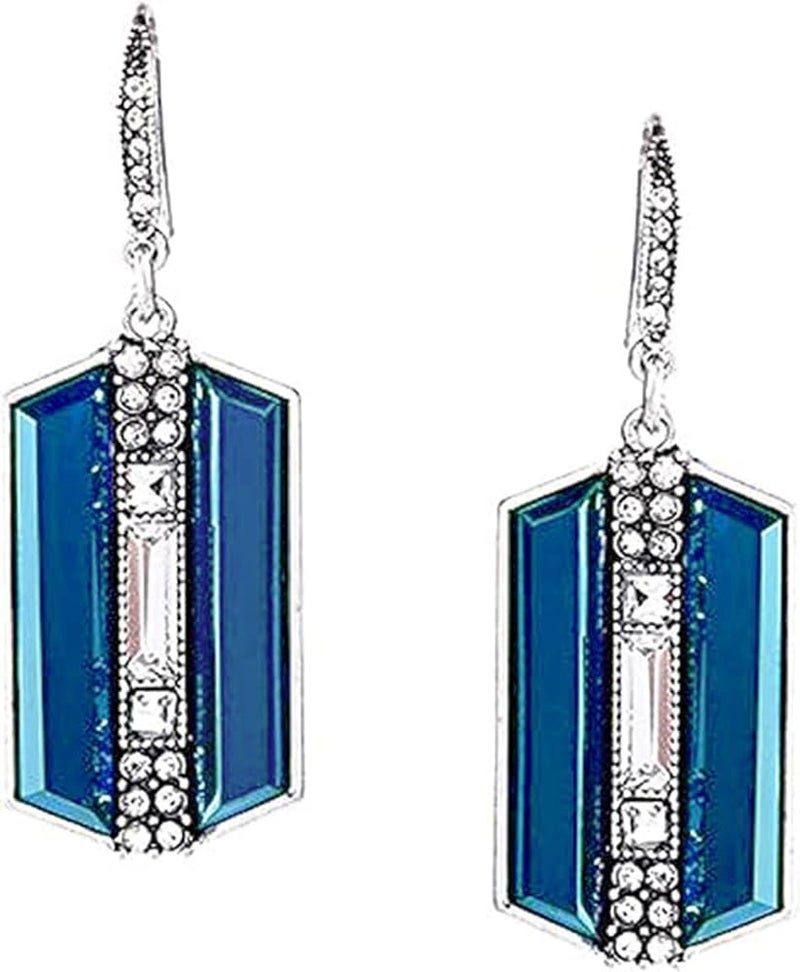 Secret for Longevity Extra Large Silver Tone Art Deco Antique Vintage Style Statement Blue Sapphire Rhinestone Geometric Dangle Earrings - Image 1