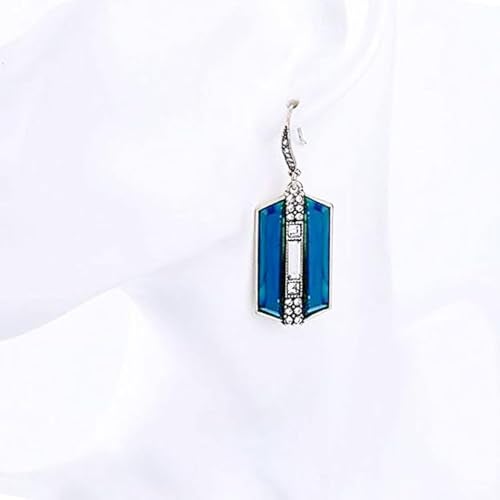 Secret for Longevity Extra Large Silver Tone Art Deco Antique Vintage Style Statement Blue Sapphire Rhinestone Geometric Dangle Earrings - Image 3