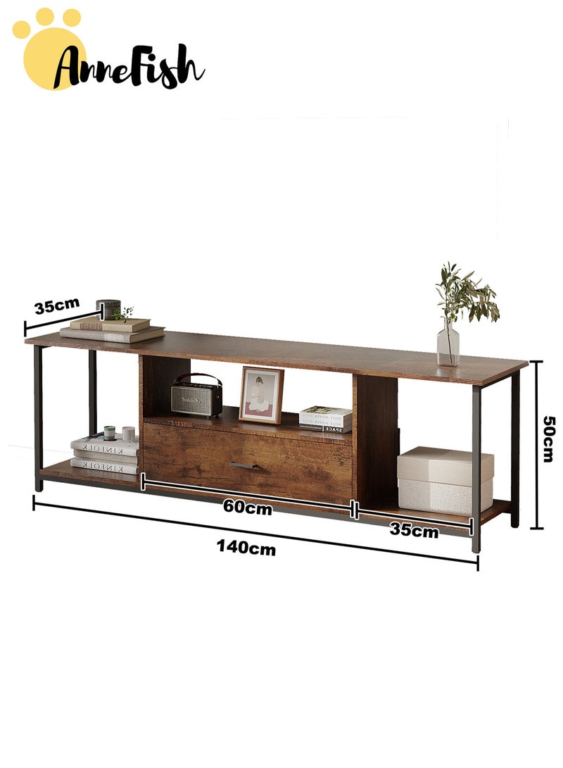 آن فش طاولة حامل تلفزيون 140*35*50 سم للتلفزيون حتى 65 بوصة مع أرفف تخزين وأدراج ومركز ترفيهي حديث وطاولة وحدة تحكم تلفزيونية صناعية لغرفة المعيشة المنزلية - Image 4