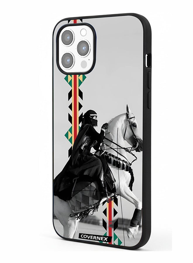 Covernex Apple iPhone 12 Pro Max Protective Case Cover Printed Featuring Woman on Horseback with Sadu Accents - Image 1