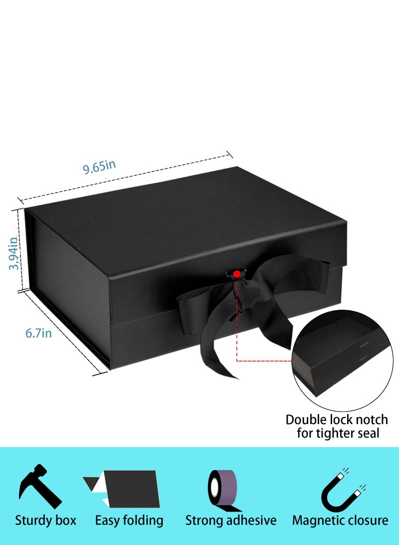 صندوق هدايا مغناطيسي فاخر باللون الأسود مع غطاء وشرائط وحقيبة هدايا، مقاس متوسط ​​- 9.4 × 7 × 3 بوصات، رائع ل ورأس السنة الجديدة وحفلات الزفاف وأعياد الميلاد والرجال - Image 2