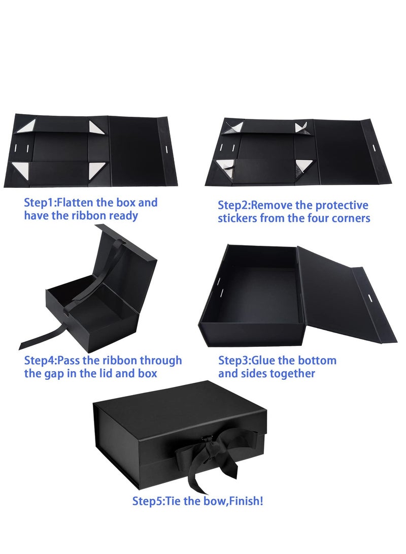 صندوق هدايا مغناطيسي فاخر باللون الأسود مع غطاء وشرائط وحقيبة هدايا، مقاس متوسط ​​- 9.4 × 7 × 3 بوصات، رائع ل ورأس السنة الجديدة وحفلات الزفاف وأعياد الميلاد والرجال - Image 3