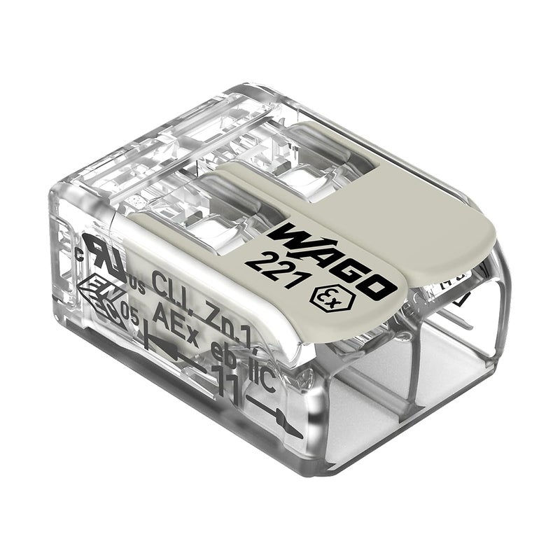 Wago 221-482 | 221 Series Lever-Nuts® for Hazardous Locations | 2-Conductor Splicing Connector | 24 – 12 AWG | Transparent housing, White Operating levers | [Box of 100 Pieces] - Image 1