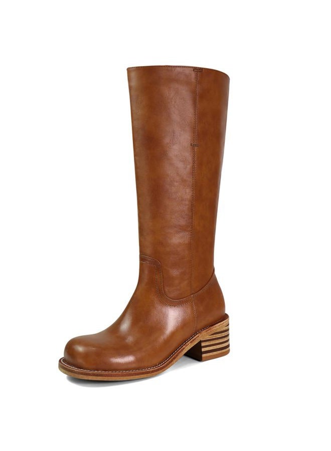 Saddle Platform Knee High Boots for Women Square Toe Chunky Block Heel Long Boots Wide Calf Campus Boots Pull on Riding Boots for Women Size 8
