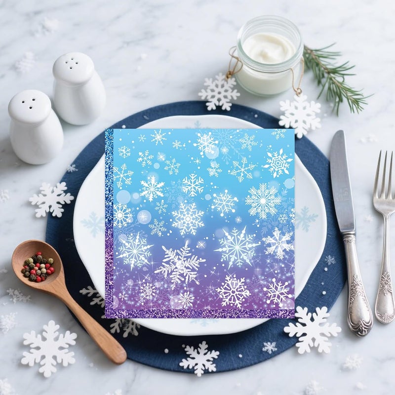 KFJBPB 50 Pcs Snowflake Napkins 13 x 13 Inches, Blue Winter Wonderland Paper Napkins Disposable Luncheon Party Napkin Cocktail Napkins for Christmas Birthday Party Decorations (Snowflake) - Image 4