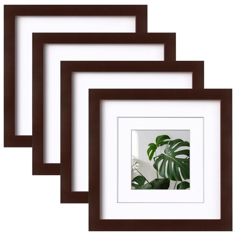 Egofine Egofine 8x8 Picture Frames Made of Solid Wood with Plexiglass  Display Pictures 4x4/6x6 with Mat or 8x8 Without Mat Set of 4 for Tabletop and Wall Mounting  Walnut Color  - Image 1