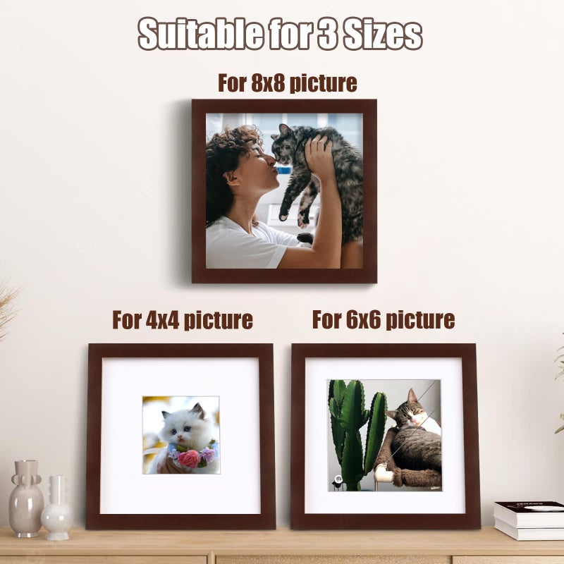 Egofine Egofine 8x8 Picture Frames Made of Solid Wood with Plexiglass  Display Pictures 4x4/6x6 with Mat or 8x8 Without Mat Set of 4 for Tabletop and Wall Mounting  Walnut Color  - Image 4