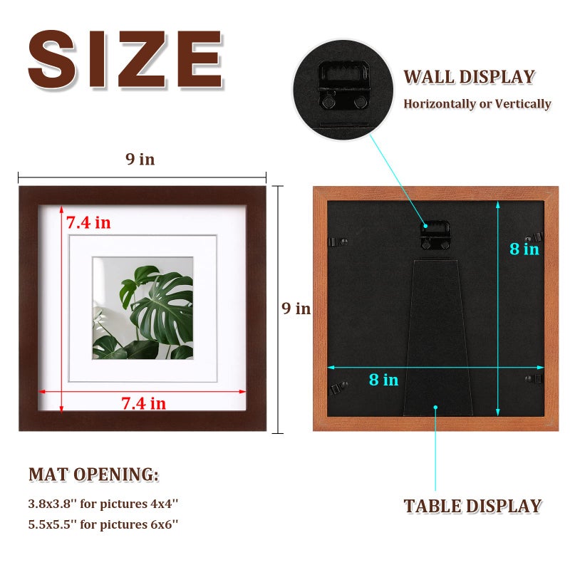 Egofine Egofine 8x8 Picture Frames Made of Solid Wood with Plexiglass  Display Pictures 4x4/6x6 with Mat or 8x8 Without Mat Set of 4 for Tabletop and Wall Mounting  Walnut Color  - Image 3