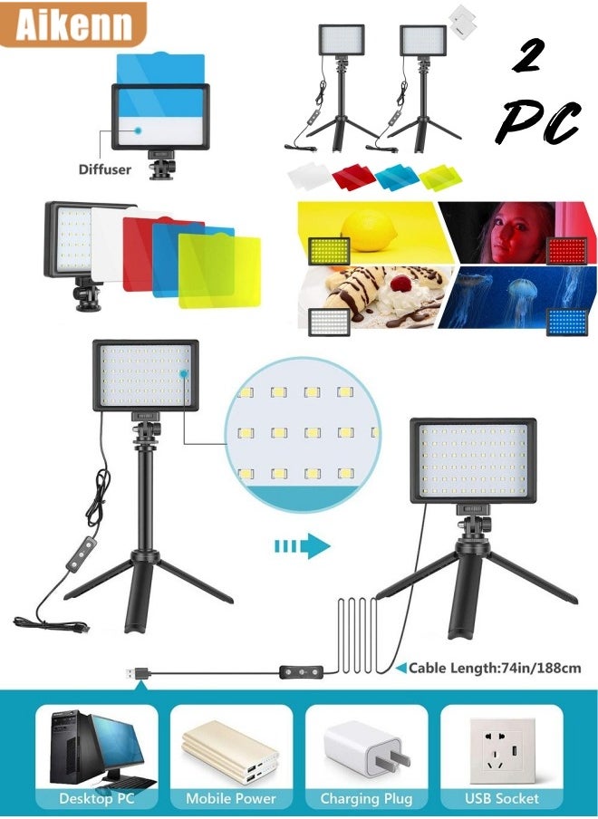 Aikenn 2Pcs LED Video Light Kits Household Dimmable Photography Lighting Tool Adjustable Tripod Stand Multi Color Filters USB Fill Lights for Tabletop Shooting  - Image 1