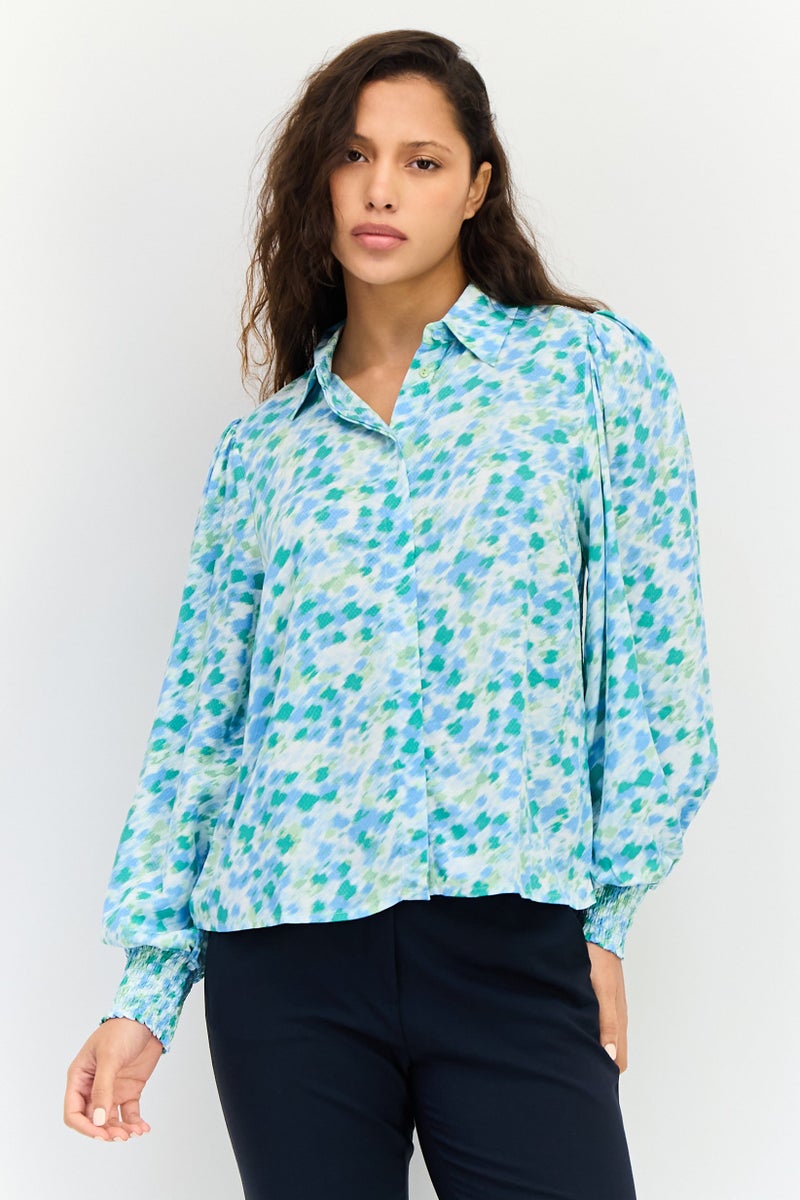 YAS Women Spread Collar Long Sleeve Allover Print Shirt, Multicolor - Image 1