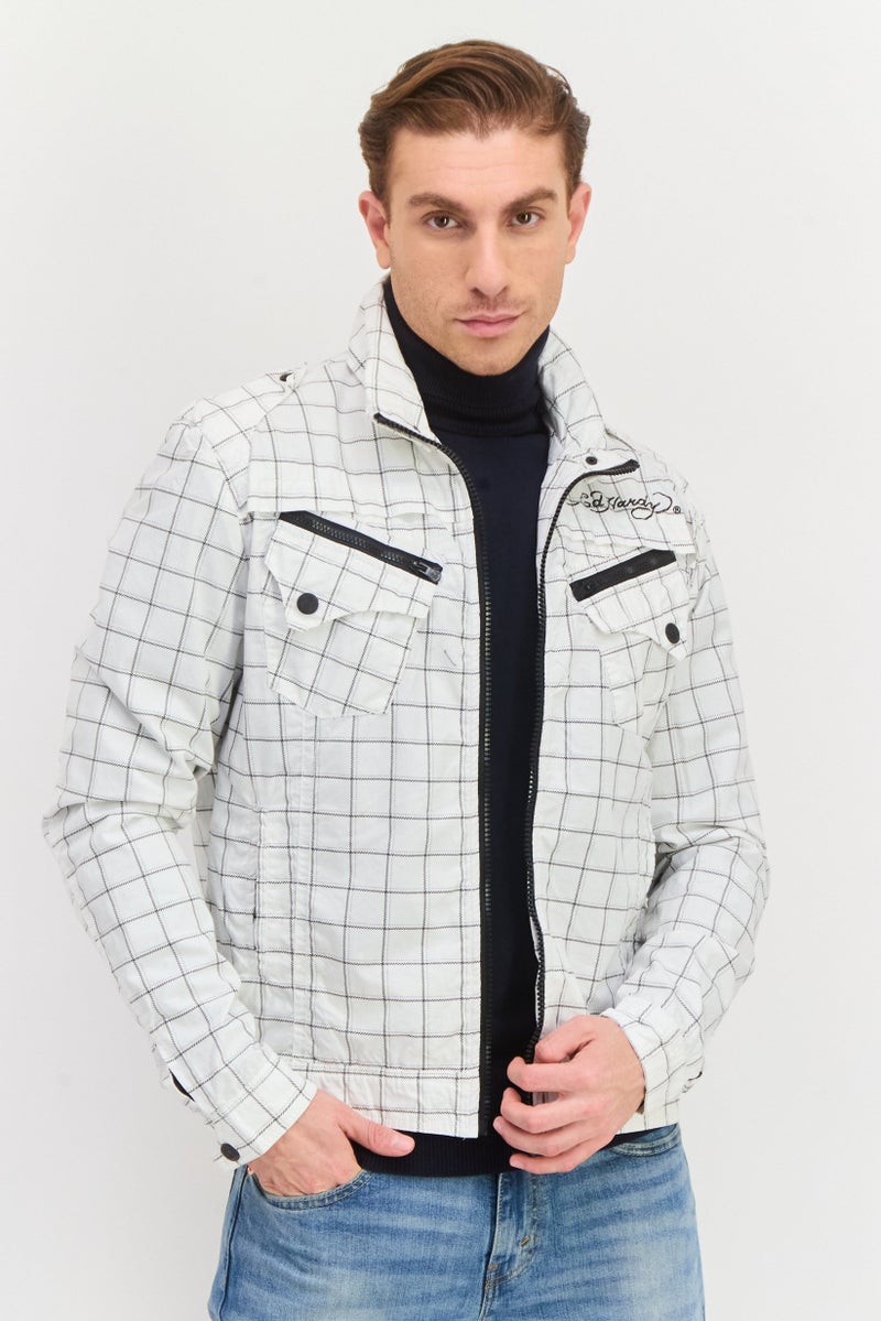 Ed Hardy جاكيت باركا مخطط للرجال، أبيض - Image 1