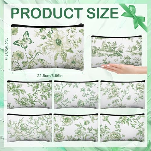 Stuffygreenus 24 Pcs Floral Cosmetic Bags Bulk for Women Sage Green and White Floral Makeup Bags Chinoiserie Canvas Travel Zipper Pouches Aesthetic Toiletry Bag for Girls Bridesmaids Wedding Supplies - Image 3
