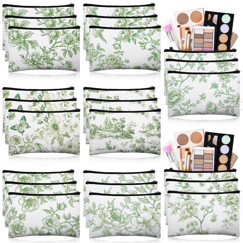 Stuffygreenus 24 Pcs Floral Cosmetic Bags Bulk for Women Sage Green and White Floral Makeup Bags Chinoiserie Canvas Travel Zipper Pouches Aesthetic Toiletry Bag for Girls Bridesmaids Wedding Supplies - Image 2