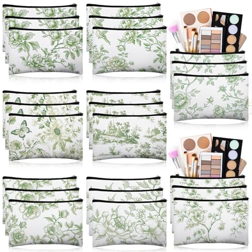 Stuffygreenus 24 Pcs Floral Cosmetic Bags Bulk for Women Sage Green and White Floral Makeup Bags Chinoiserie Canvas Travel Zipper Pouches Aesthetic Toiletry Bag for Girls Bridesmaids Wedding Supplies - Image 1