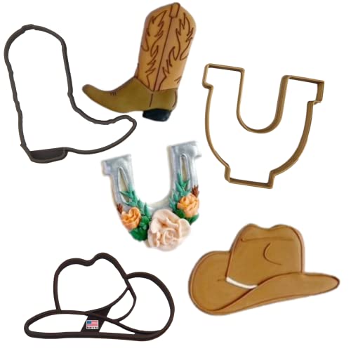 Heart's Treasure COWBOY COOKIE CUTTERS Country Western Rodeo Boot Cowboy Cowgirl Hat And Rustic Horseshoe Wild West Cookie Cutters For Shower Birthday Graduation (3 Pack) - Image 1