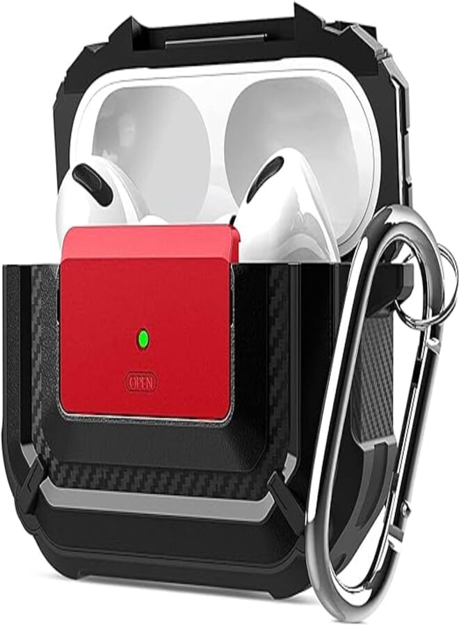 Men's Front LED Protective Shockproof Hard Cover with Lock and Key Chain for Apple Airpods Pro 2019 (Black & Red)