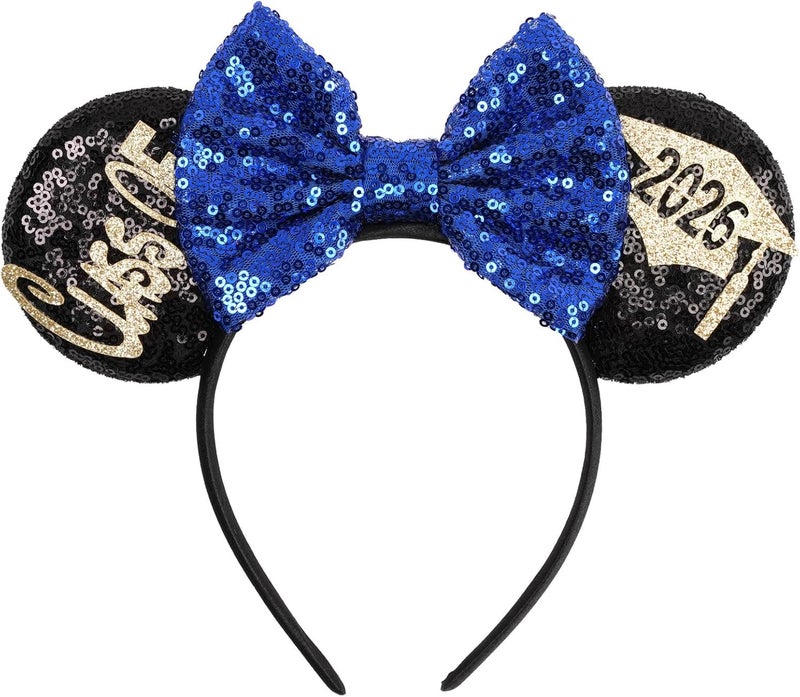 Kiddale Mouse Ears Headband for Graduation,Sequin Mouse Ear Hairband Hair Hoop Accessoties for Class of 2025 Graduation Party Favors Park Trip Grad Decoration(Black Blue) - Image 1