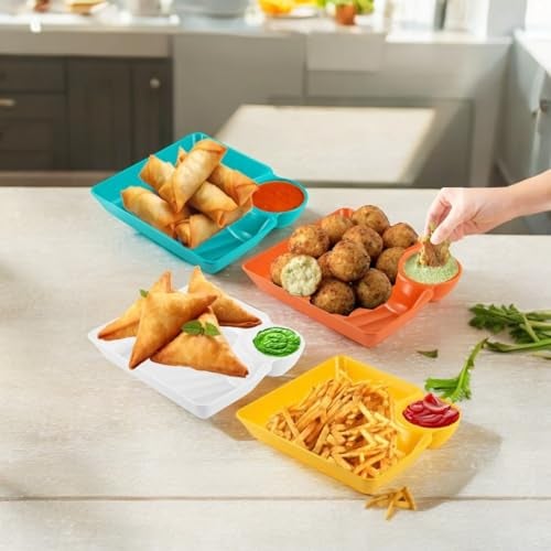yomith Chip and Dip Serving Platter Dish Set, Divided Trays Snack Bowl Dishes, Wine Dine Appetizer Plates, Dumpling Plate with Sauce Holder for Kids, Family and Parties (4) - Image 2
