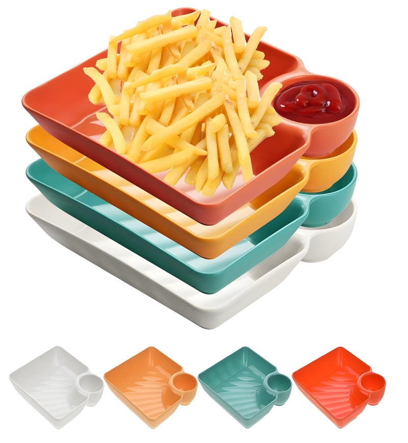 yomith Chip and Dip Serving Platter Dish Set, Divided Trays Snack Bowl Dishes, Wine Dine Appetizer Plates, Dumpling Plate with Sauce Holder for Kids, Family and Parties (4) - Image 1