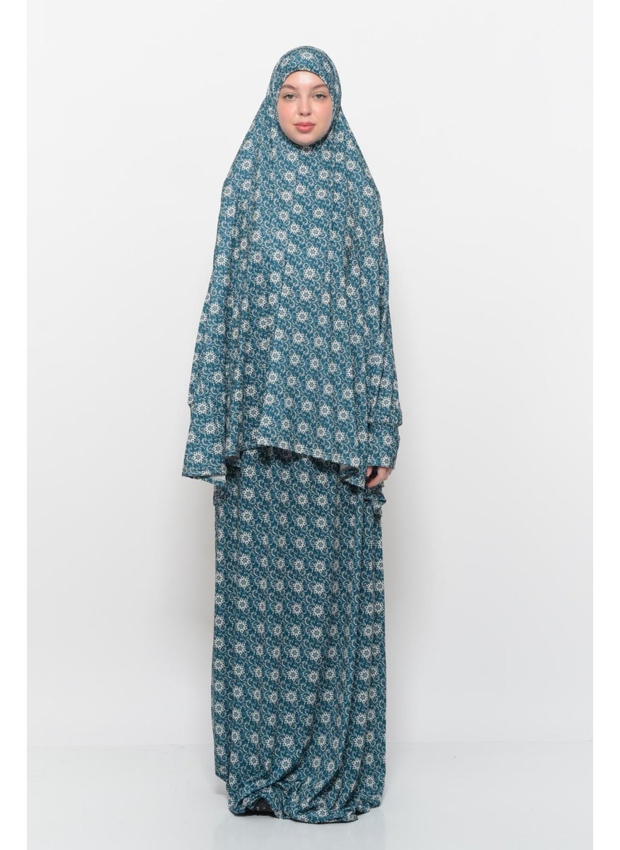 Altobeh Practical Two Piece Sun Patterned Bat Sleeves Lycra Hijab Prayer Dress with Headscarf 992 0315  - Image 1