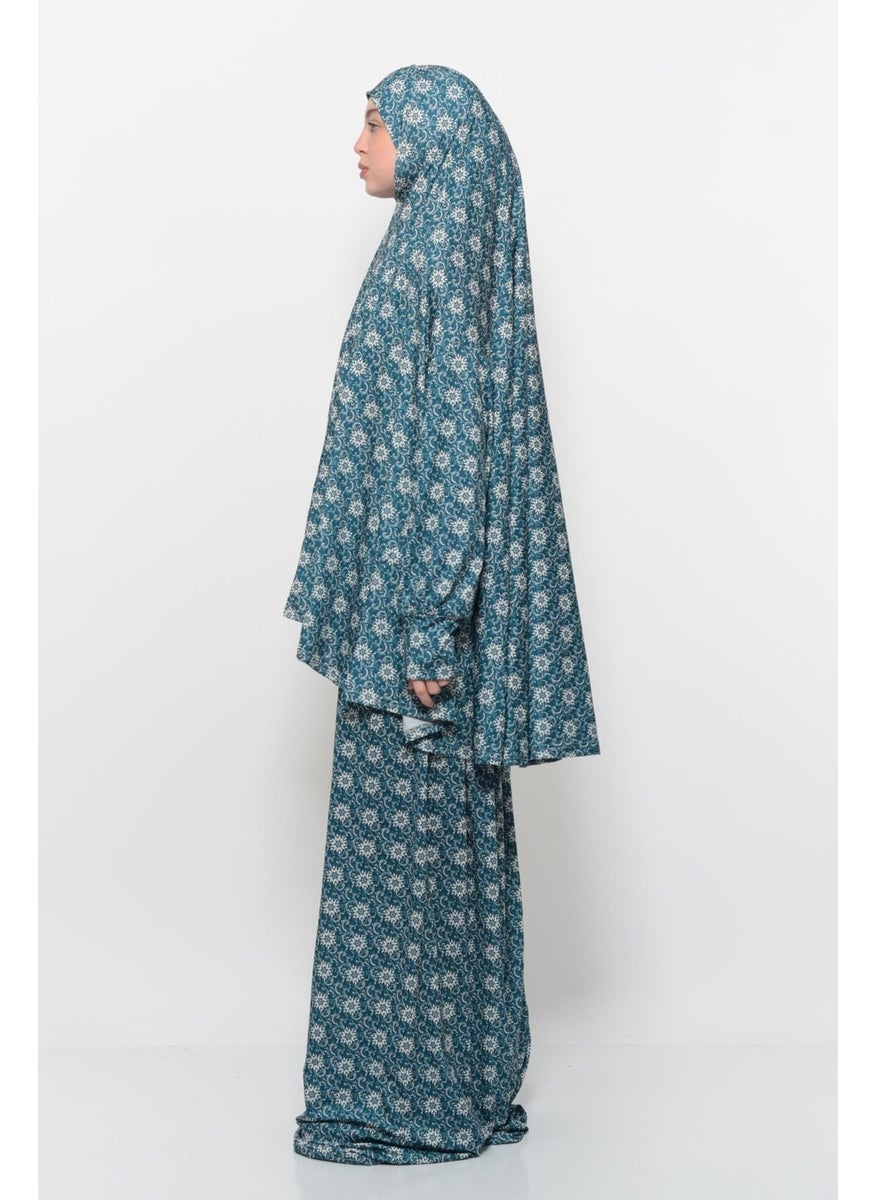 Altobeh Practical Two Piece Sun Patterned Bat Sleeves Lycra Hijab Prayer Dress with Headscarf 992 0315  - Image 2