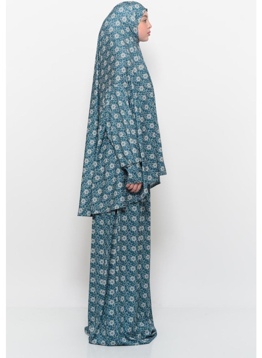 Altobeh Practical Two Piece Sun Patterned Bat Sleeves Lycra Hijab Prayer Dress with Headscarf 992 0315  - Image 3