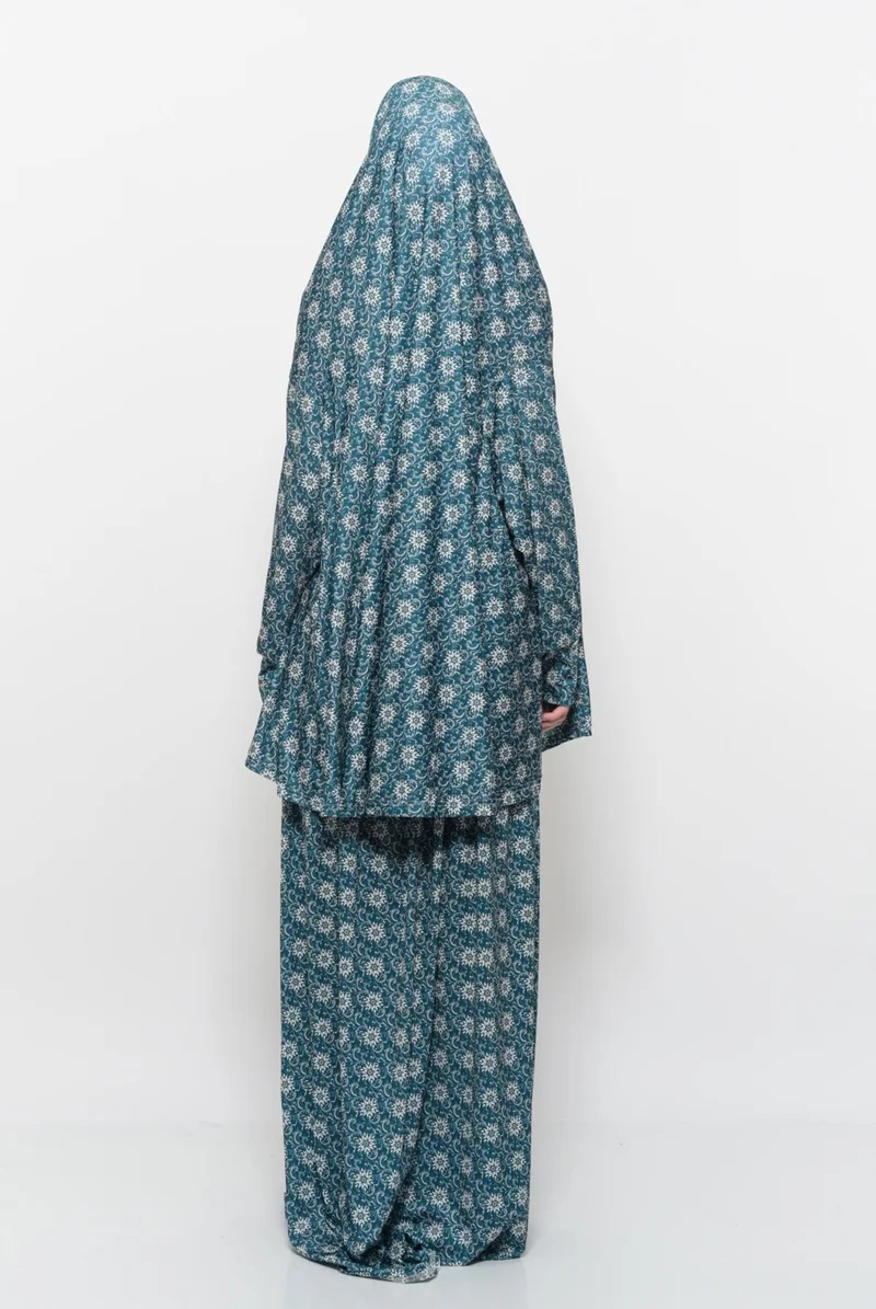 Altobeh Practical Two Piece Sun Patterned Bat Sleeves Lycra Hijab Prayer Dress with Headscarf 992 0315