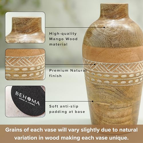 Behoma Flower Vase, Mango Wood Flower Vases, Bud with Etching, for Decor Home Living Room Kitchen Office, Diwali Decoration | Height - 7.8" inch (20 cm) - Image 4
