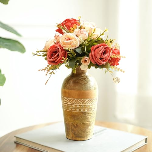 Behoma Flower Vase, Mango Wood Flower Vases, Bud with Etching, for Decor Home Living Room Kitchen Office, Diwali Decoration | Height - 7.8" inch (20 cm) - Image 1