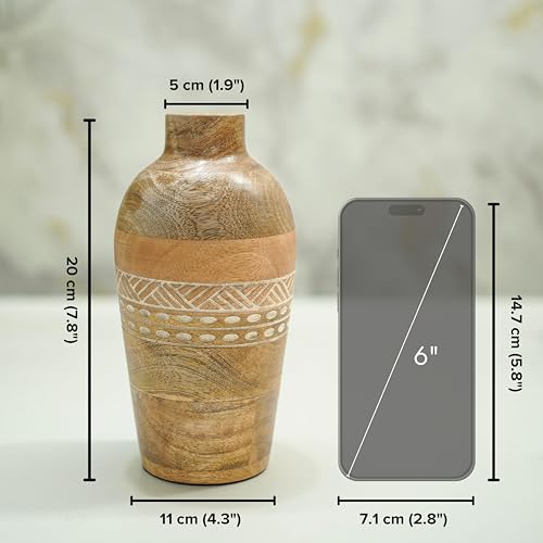 Behoma Flower Vase, Mango Wood Flower Vases, Bud with Etching, for Decor Home Living Room Kitchen Office, Diwali Decoration | Height - 7.8" inch (20 cm) - Image 5