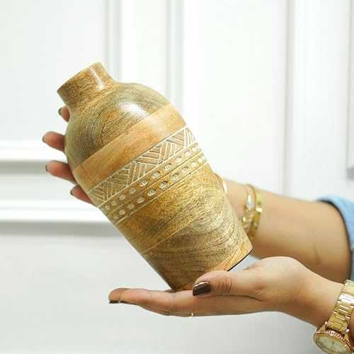 Behoma Flower Vase, Mango Wood Flower Vases, Bud with Etching, for Decor Home Living Room Kitchen Office, Diwali Decoration | Height - 7.8" inch (20 cm) - Image 2