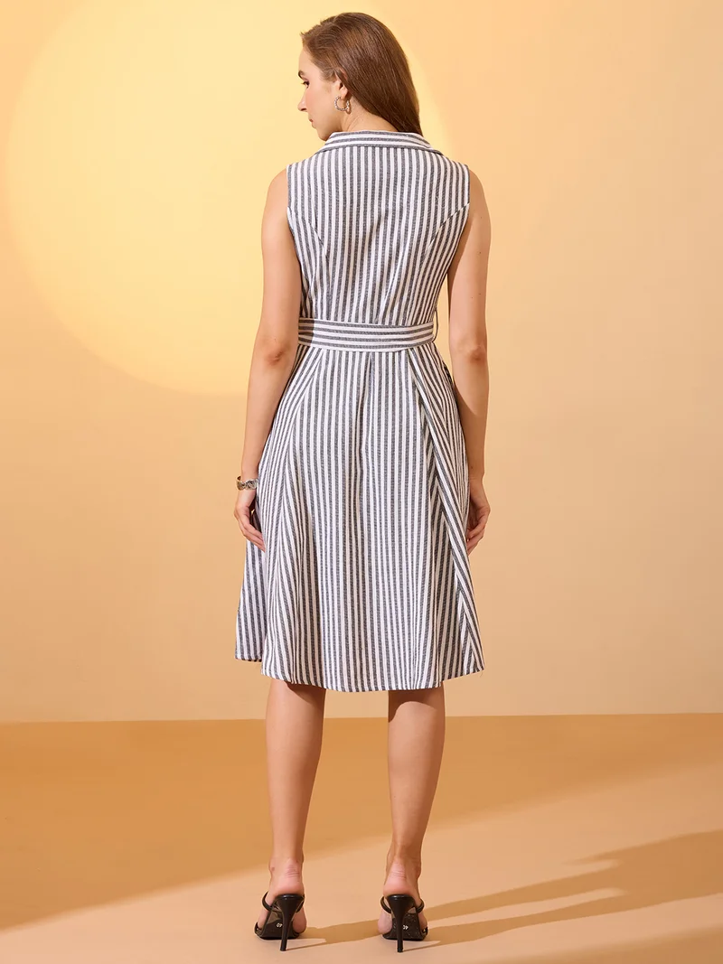 globus Women Black Stripes Printed Notch Lapel Belted Midi Workwear Dress