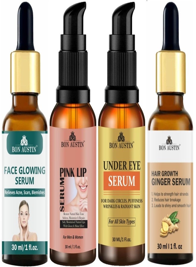 Bon Austin 100% Natural Face Glowing Serum, Pink Lip Serum, Under Eye Serum (Remove Dark Circle) & Hair Growth Ginger Serum (Reduce Hair Fall) Each, 30ml - Combo of 4 Items - Image 1