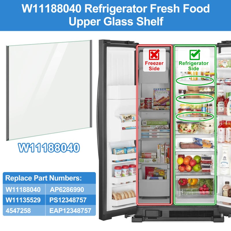 Alvar UPGRADED W11188040 Refrigerator Glass Shelf Compatible with Whirlpool Fresh Food Upper Glass Shelf Replacement,Tempered Glass Shelf Parts W11135529,AP6286990, Fit WRS312/ WRS315/ WRS321/WRS325..Series - Image 2