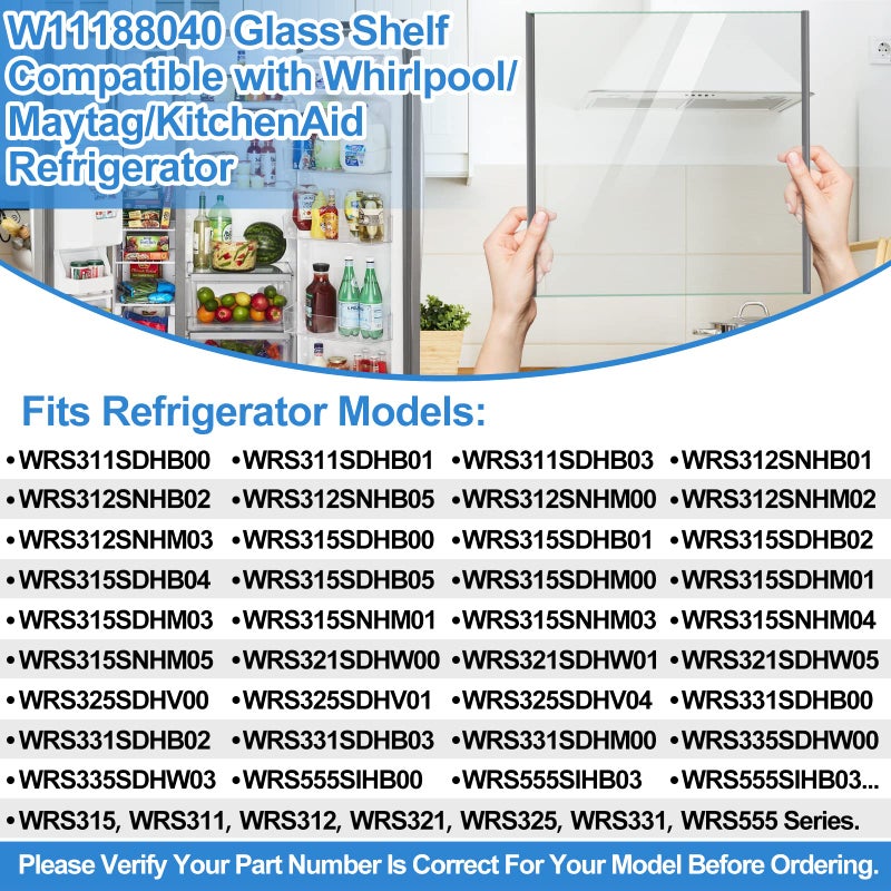 Alvar UPGRADED W11188040 Refrigerator Glass Shelf Compatible with Whirlpool Fresh Food Upper Glass Shelf Replacement,Tempered Glass Shelf Parts W11135529,AP6286990, Fit WRS312/ WRS315/ WRS321/WRS325..Series - Image 5