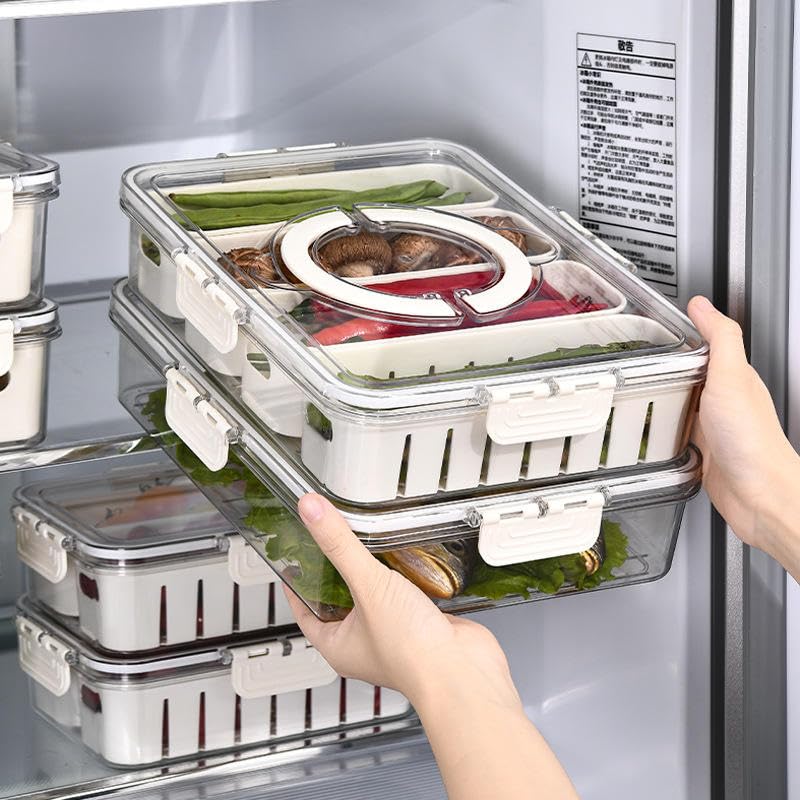 Qshare Divided Fridge Storage Box with 4 Serving Veggie Box with Lid and Handle - Airtight Fridge Organizer with Removable 4 Compartments - Keeps Fruits, Vegetables, Meal Prep. (4 Compartments - 1 PC) - Image 1