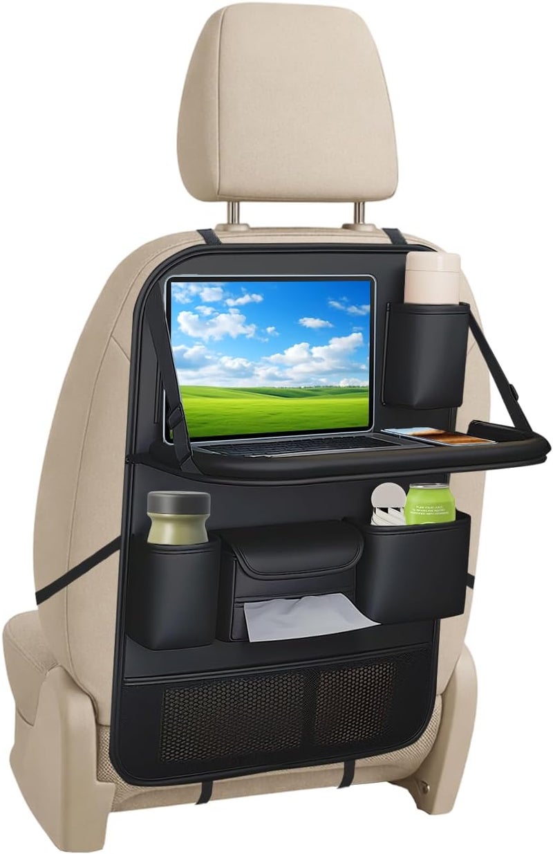 VEHIRIE Car Back Seat Organiser with Foldable Table Tray - Premium Leather Kick Mats for Children - Image 1
