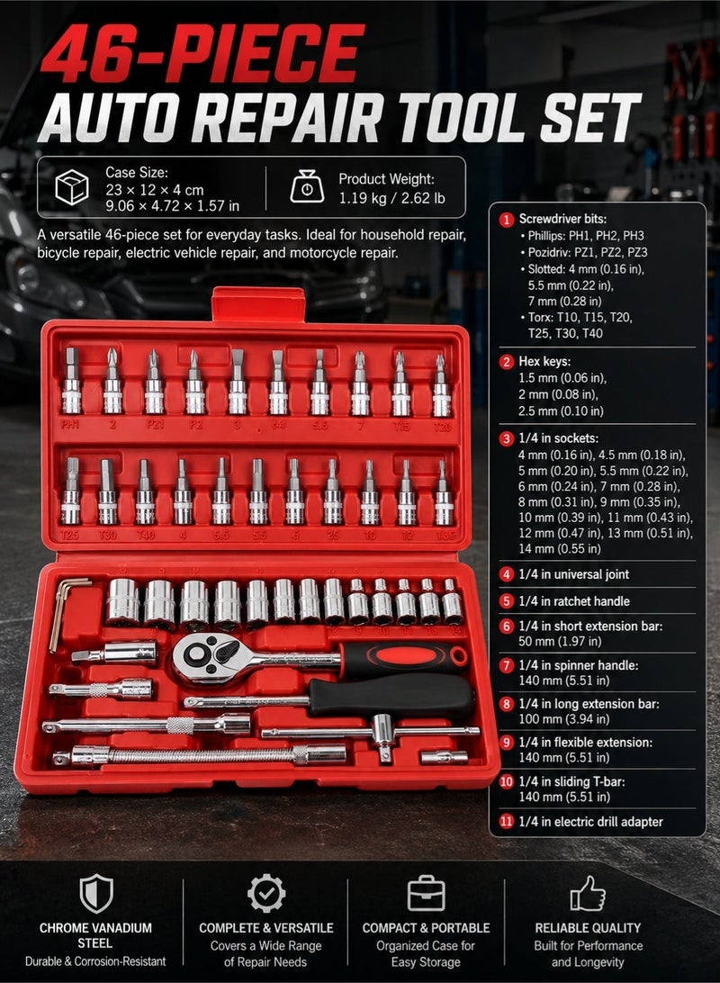 LOOPITYS 46‑Piece Socket Wrench Set, 1/4 Inch Drive Ratchet Socket Tool Kit, Chrome Vanadium Steel Hand Repair Tools with Flexible Extension Bar, Sliding T‑Bar, Screwdriver Bits, Hex Wrenches, Storage Case, Multi‑Purpose Household DIY, Car, Motorcycle, Bicycle, Auto Maintenance Repair Tool Kit - Image 2