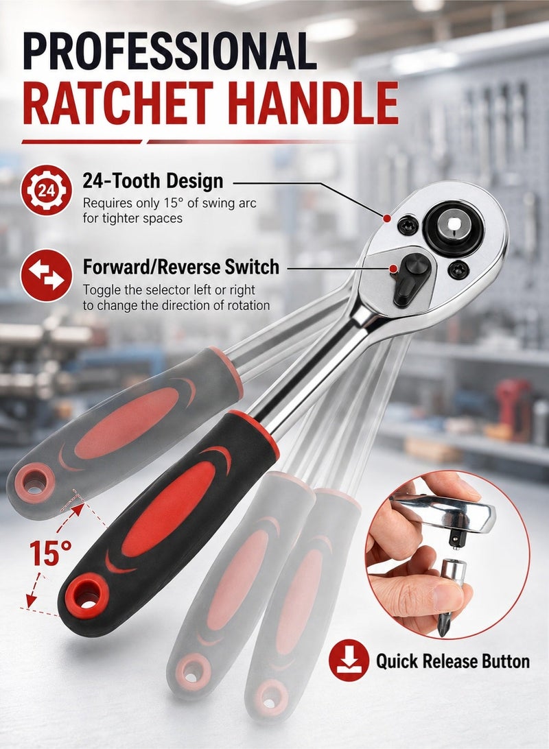 LOOPITYS 46‑Piece Socket Wrench Set, 1/4 Inch Drive Ratchet Socket Tool Kit, Chrome Vanadium Steel Hand Repair Tools with Flexible Extension Bar, Sliding T‑Bar, Screwdriver Bits, Hex Wrenches, Storage Case, Multi‑Purpose Household DIY, Car, Motorcycle, Bicycle, Auto Maintenance Repair Tool Kit - Image 4