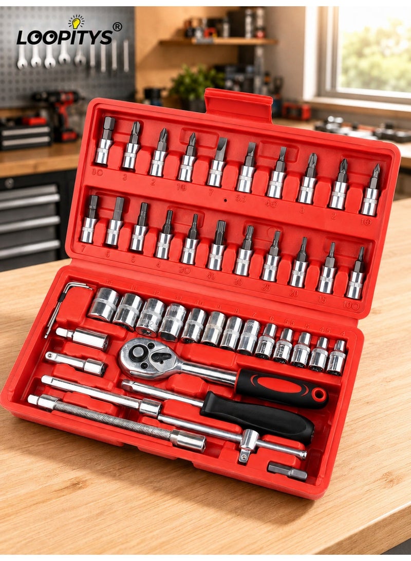 LOOPITYS 46‑Piece Socket Wrench Set, 1/4 Inch Drive Ratchet Socket Tool Kit, Chrome Vanadium Steel Hand Repair Tools with Flexible Extension Bar, Sliding T‑Bar, Screwdriver Bits, Hex Wrenches, Storage Case, Multi‑Purpose Household DIY, Car, Motorcycle, Bicycle, Auto Maintenance Repair Tool Kit - Image 1