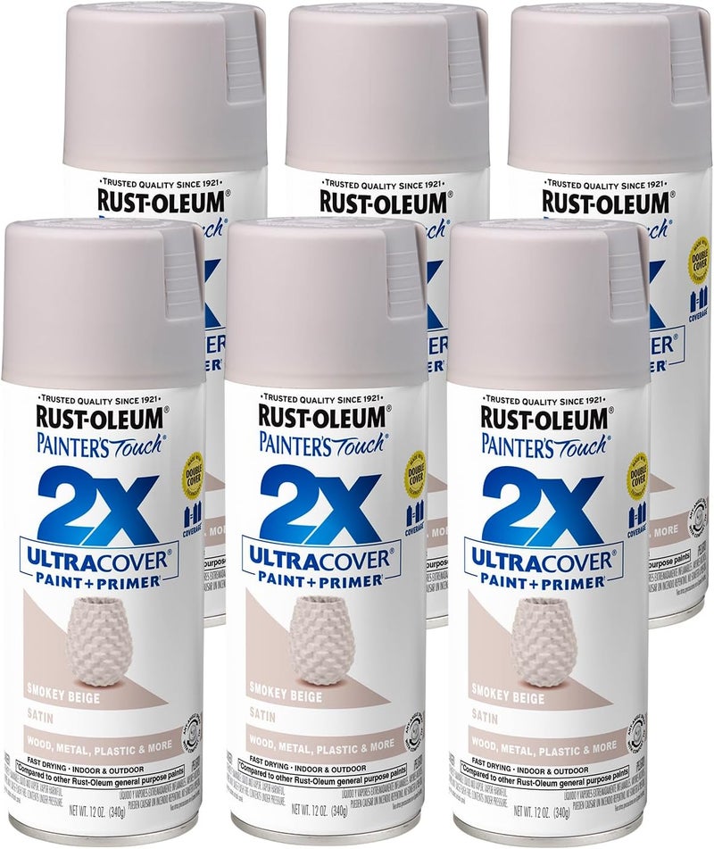 Rust-Oleum 334092-6PK Painter's Touch 2X Ultra Cover Spray Paint, 12 oz, Satin Smokey Beige, 6 Pack