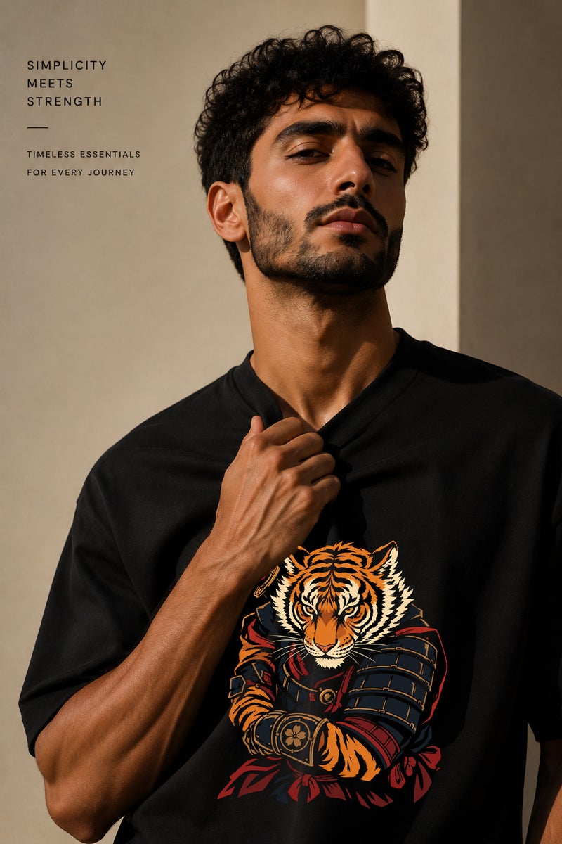 Men's Black Tiger Samurai Graphic T-Shirt Oversized Casual Short Sleeve Crew Neck Streetwear Tee - Image 5