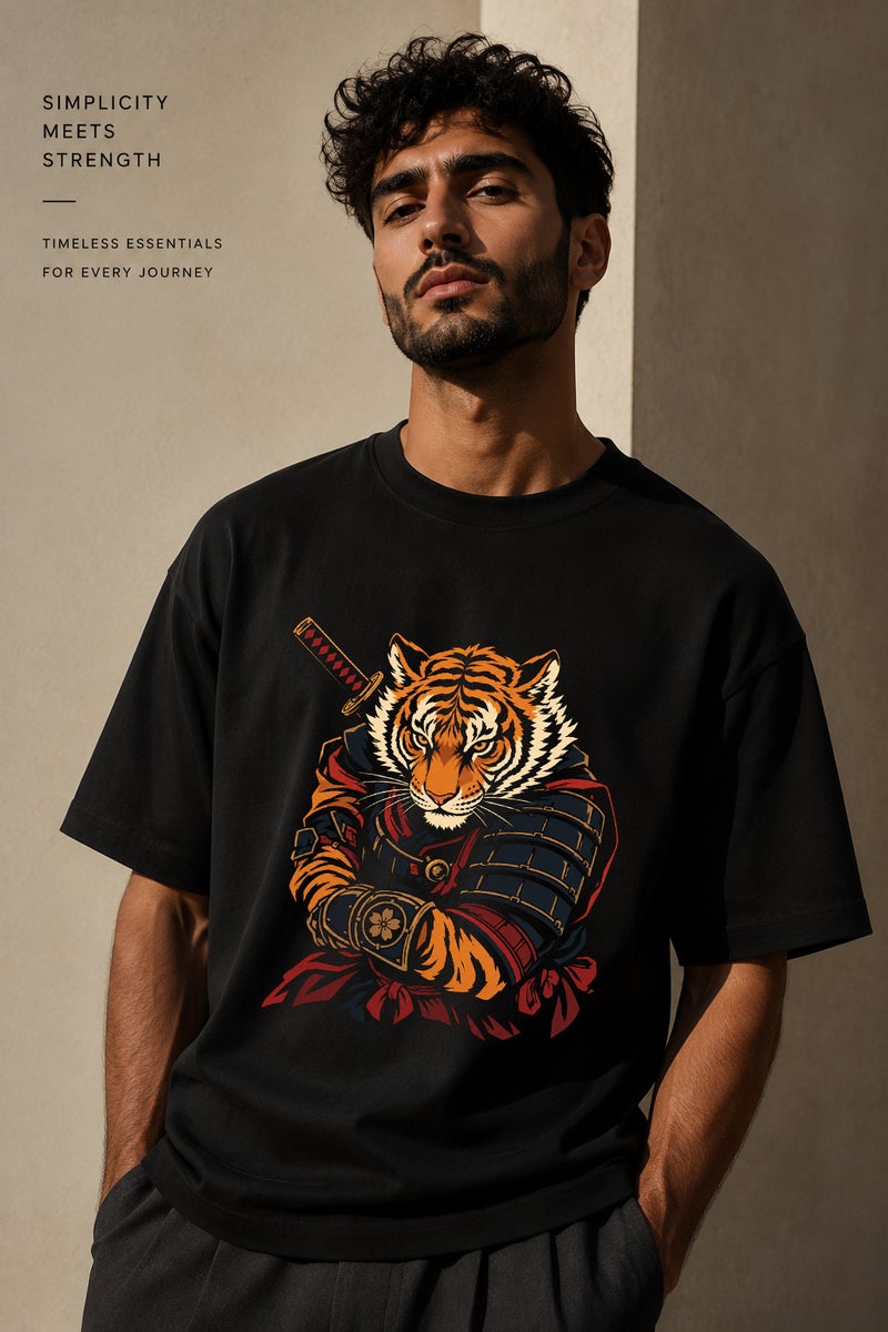 Men's Black Tiger Samurai Graphic T-Shirt Oversized Casual Short Sleeve Crew Neck Streetwear Tee - Image 1