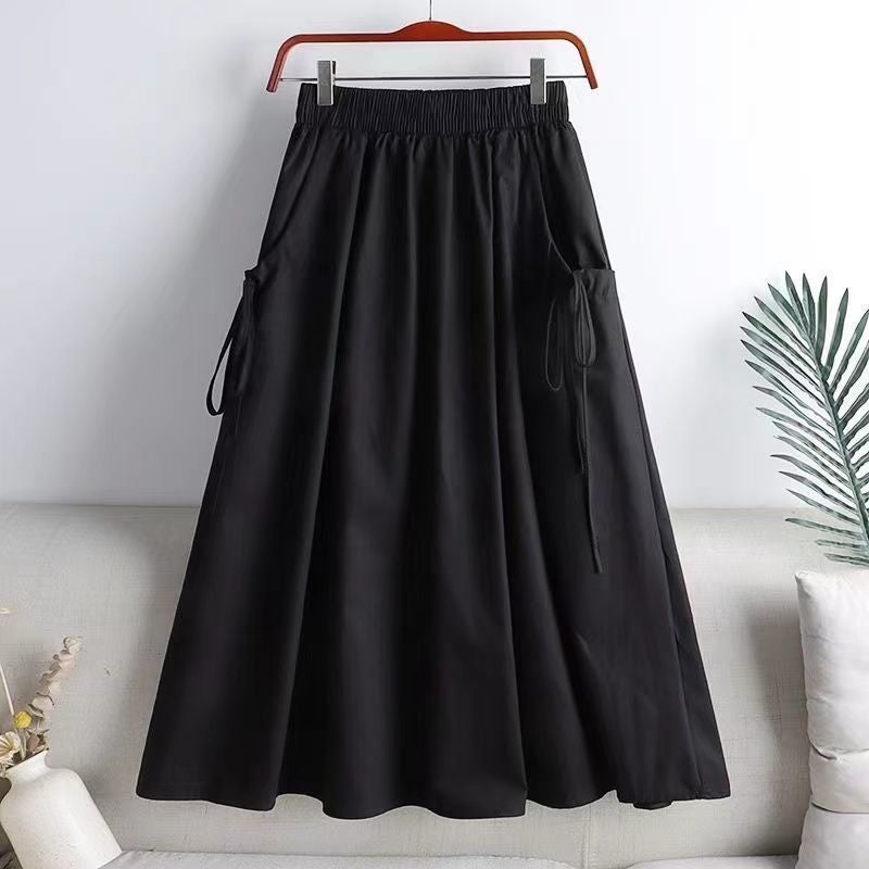 2025 Versatile Solid Color Drawstring Pocket Mid-Length Versatile Workwear A-Line Skirt For Women - Image 5