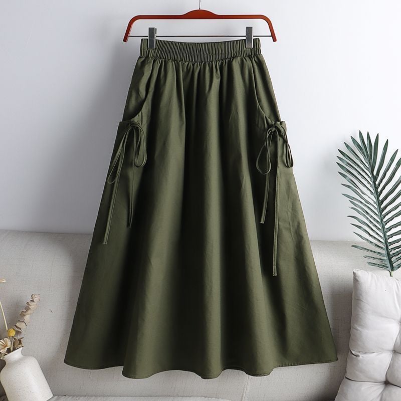 2025 Versatile Solid Color Drawstring Pocket Mid-Length Versatile Workwear A-Line Skirt For Women - Image 3