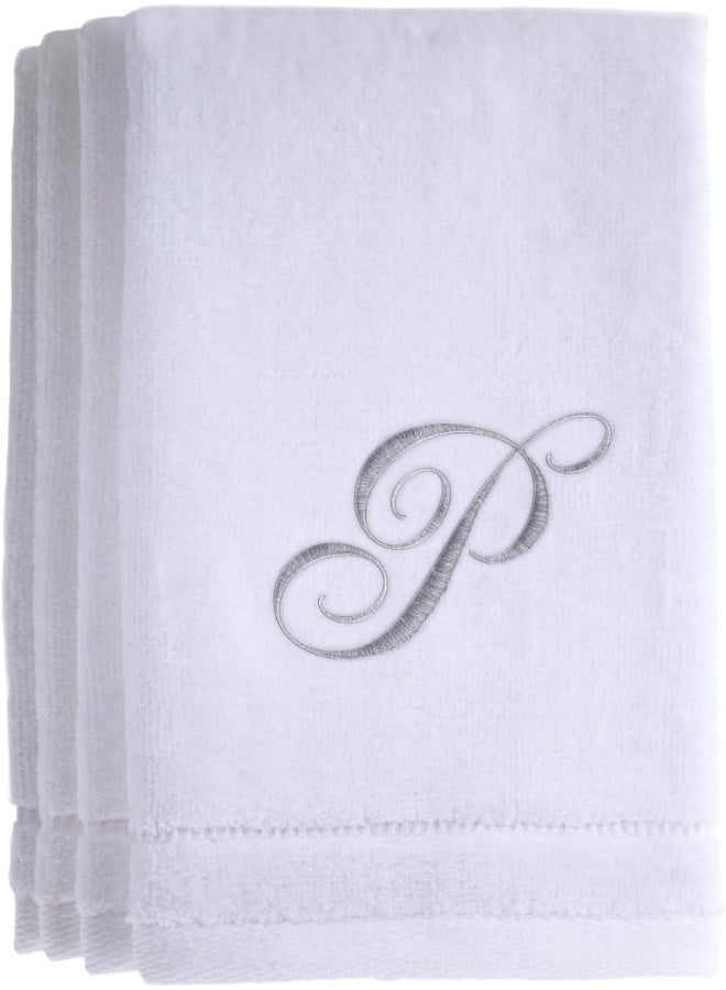 Creative Scents Monogrammed Towels Fingertip, Personalized Gift, 11 x 18 Inches - Set of 4- Silver Embroidered Towel - Extra Absorbent 100% Cotton- Soft Velour Finish - For Bathroom/ Kitchen/ Spa- Initial P (White) - Image 4