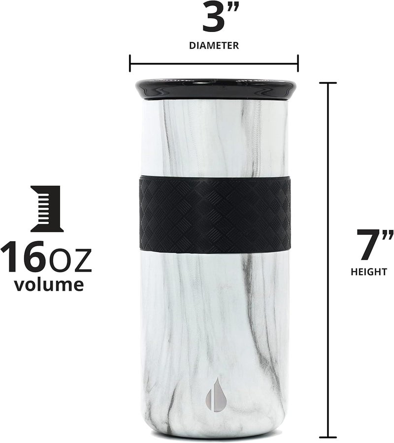 Elemental Artisan Insulated Tumbler, Triple Wall Coffee Travel Tumbler, Reusable Stainless Steel with Ceramic Lid, Thermal Coffee Cup for Hot (6 Hrs) & Cold (18 Hrs) 16oz - White Marble - Image 3